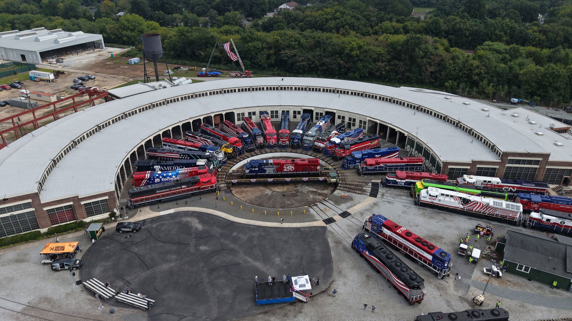 Aerial view of America 250 Locomotive Celebration in Spencer, NC