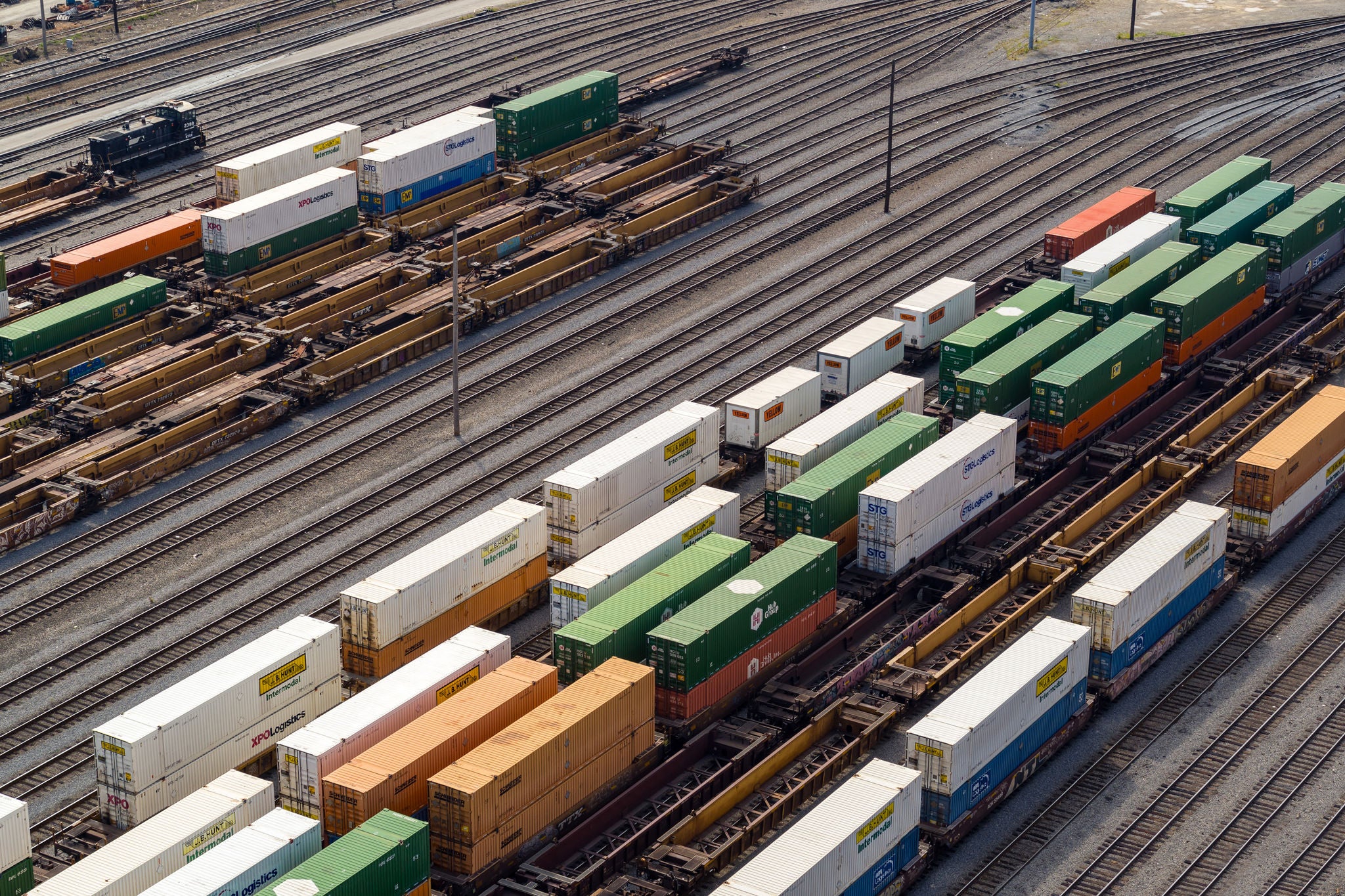 Aerial image of Norfolk Southern railcars in a train yard ready to ship agricultural products