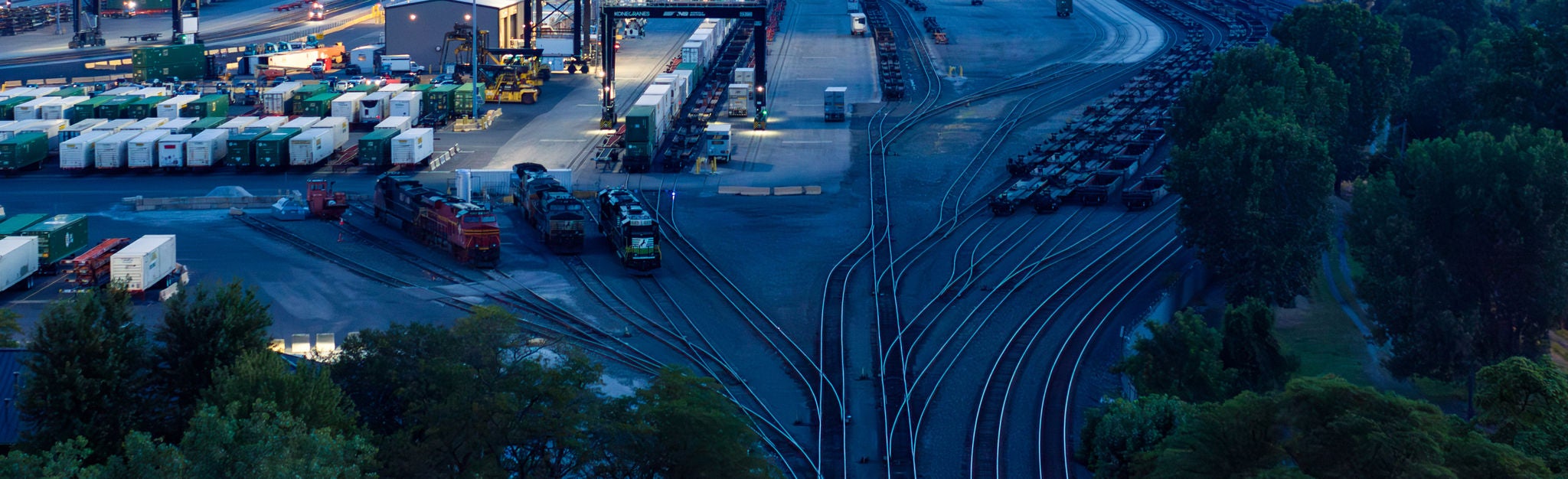 Aerial photo of a Norfolk Southern intermodal transportation railroad network site. 