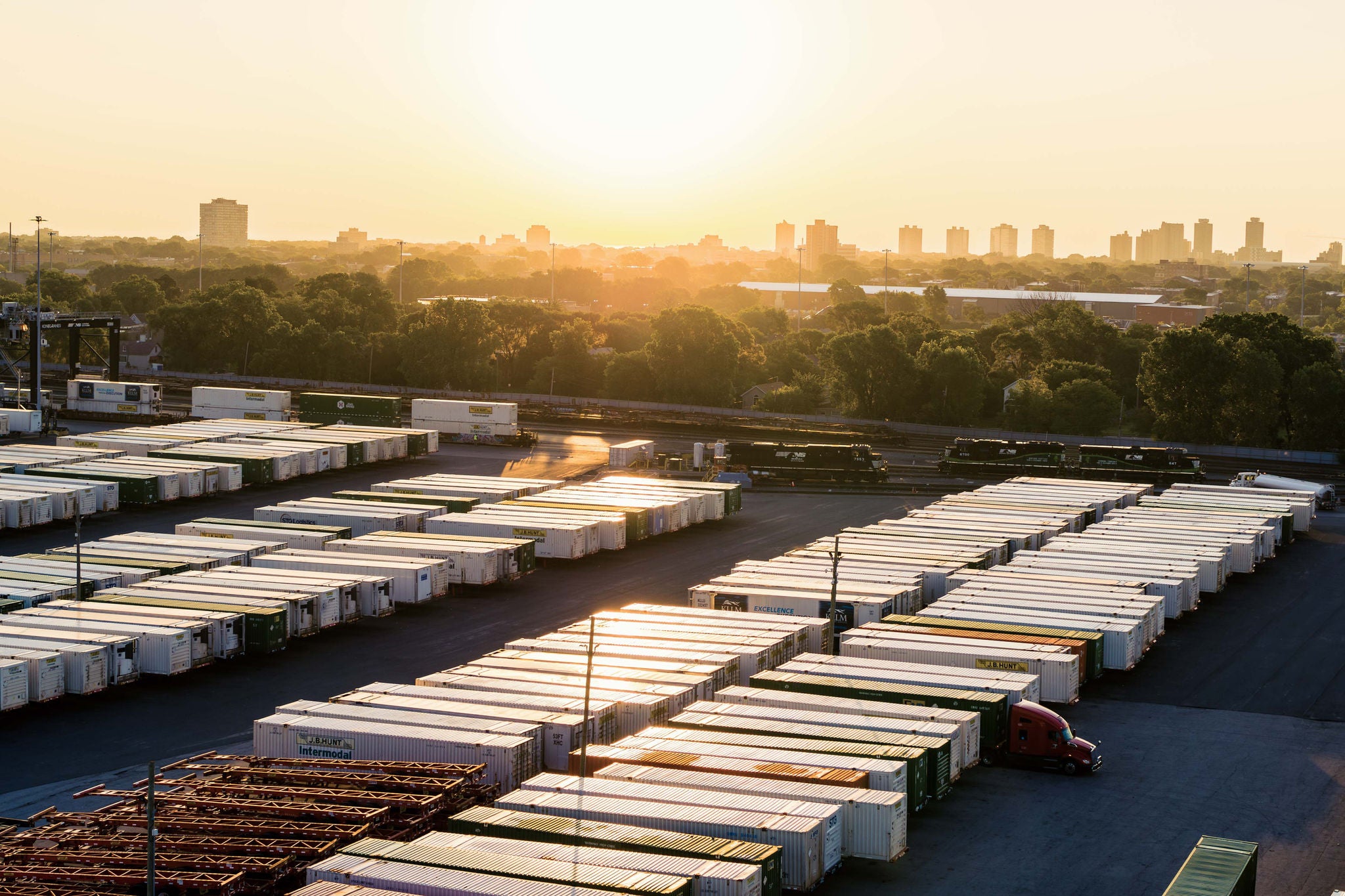 Norfolk Southern railyard with many intermodal containers awaiting rail shipping