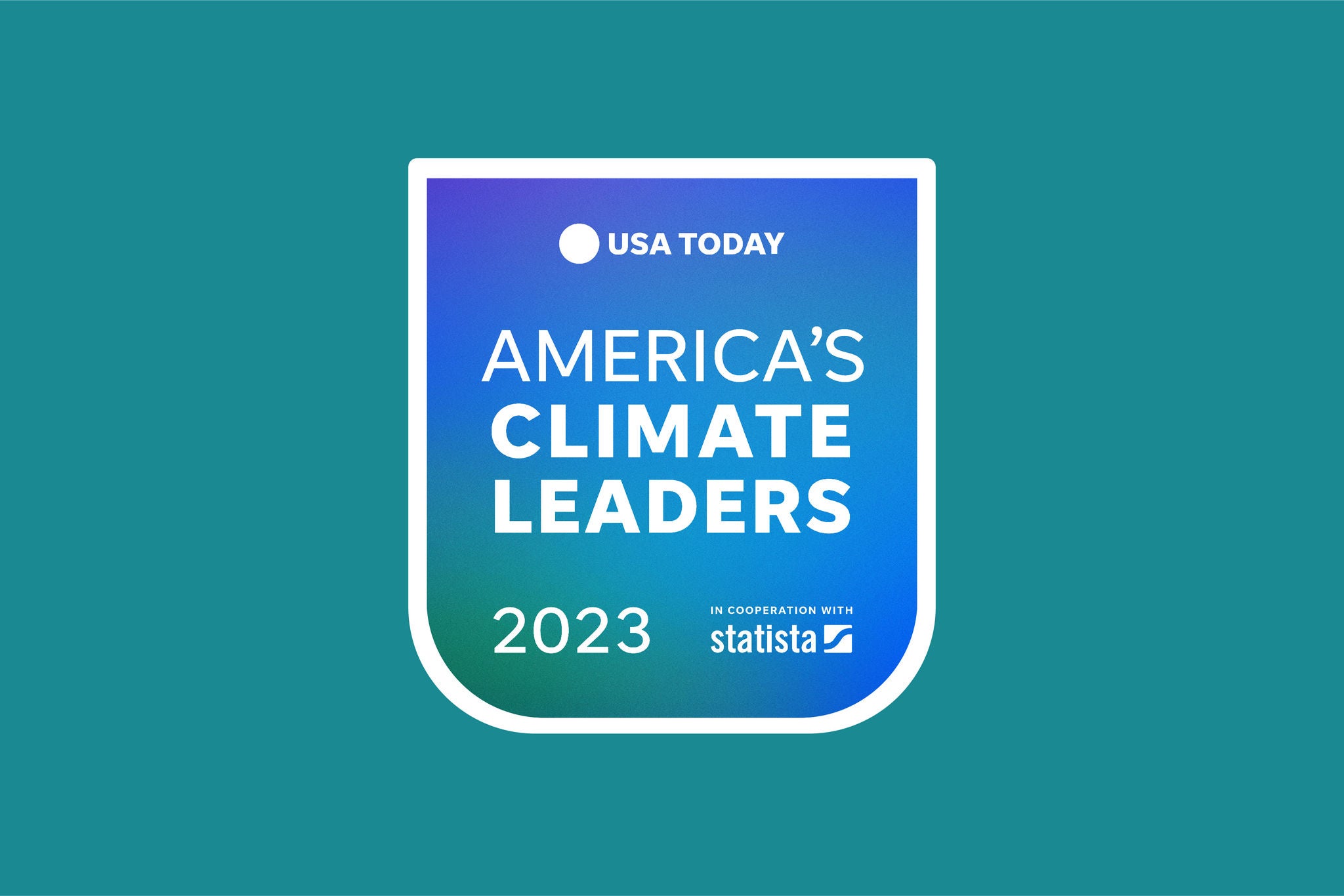 Blue white and green logo that says USA Today America’s Climate Leaders 2023 on dark teal square representing Norfolk Southern’s sustainable rail transport work