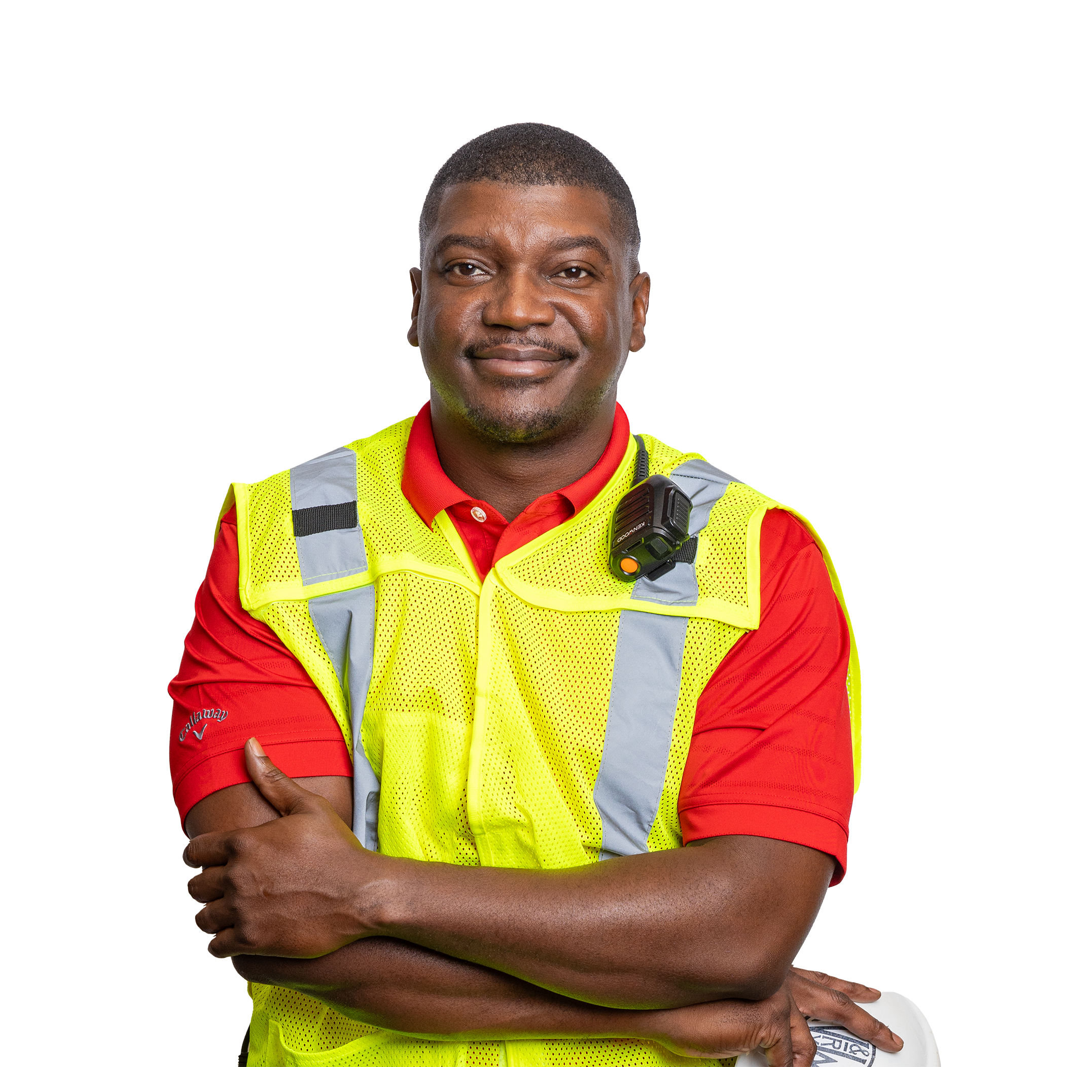 Man who is a training specialist in a safety vest with arms crossed who works in railway jobs