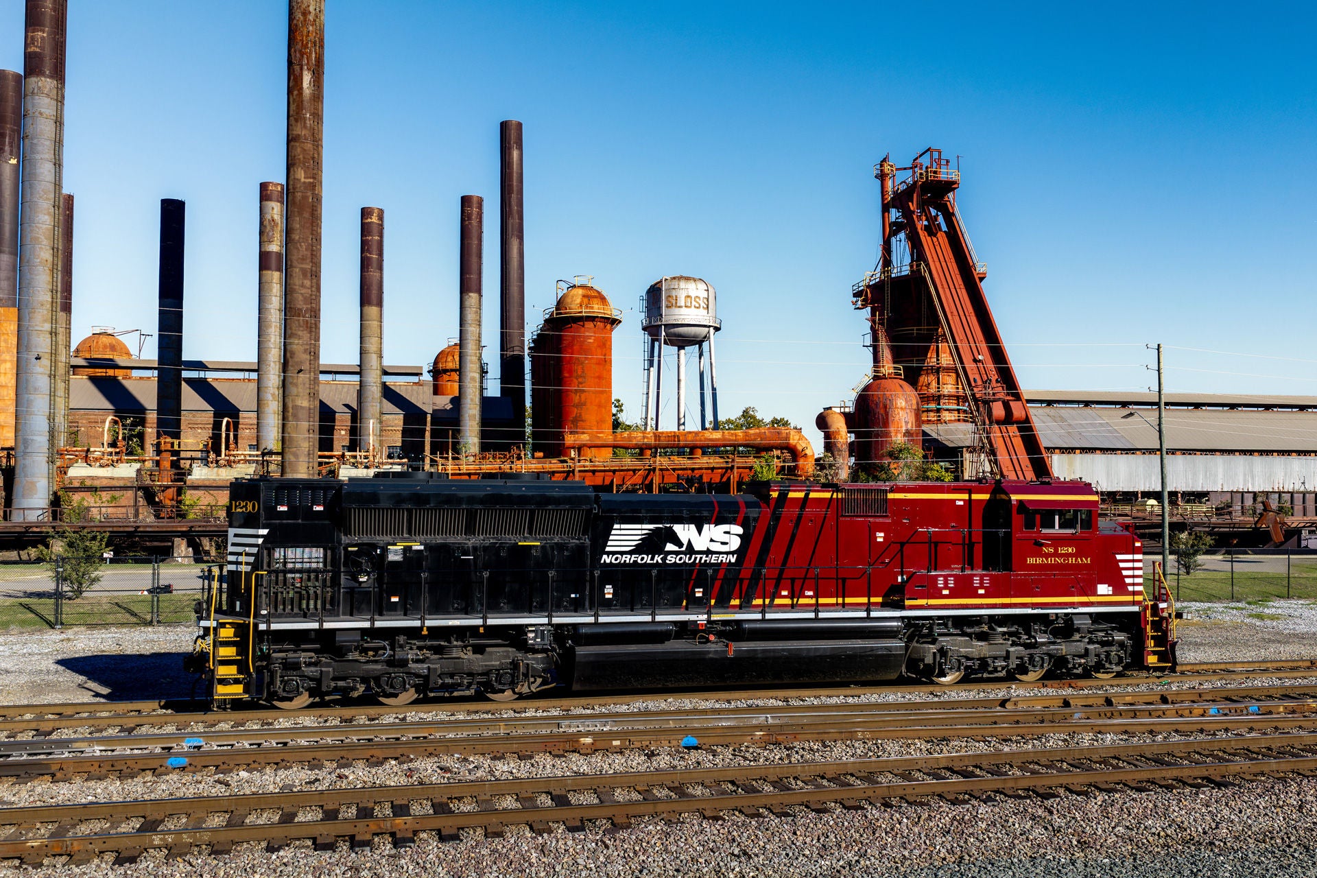 NS Birmingham Heritage locomotive in front of Sloss Furnances in Birmingham