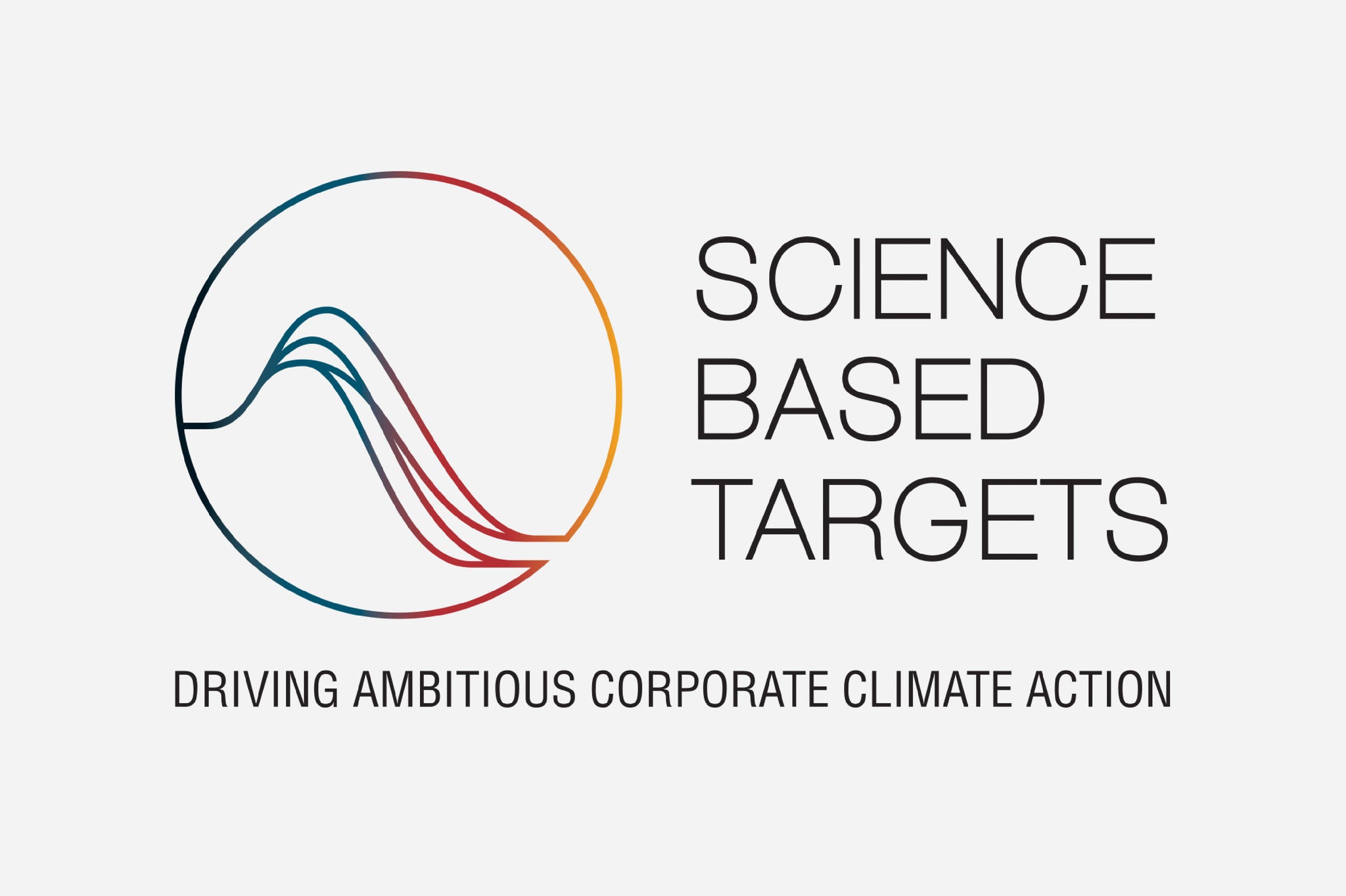 Black blue red and yellow logo with waves in a circle that says Science Based Targets, driving ambitious corporate climage action