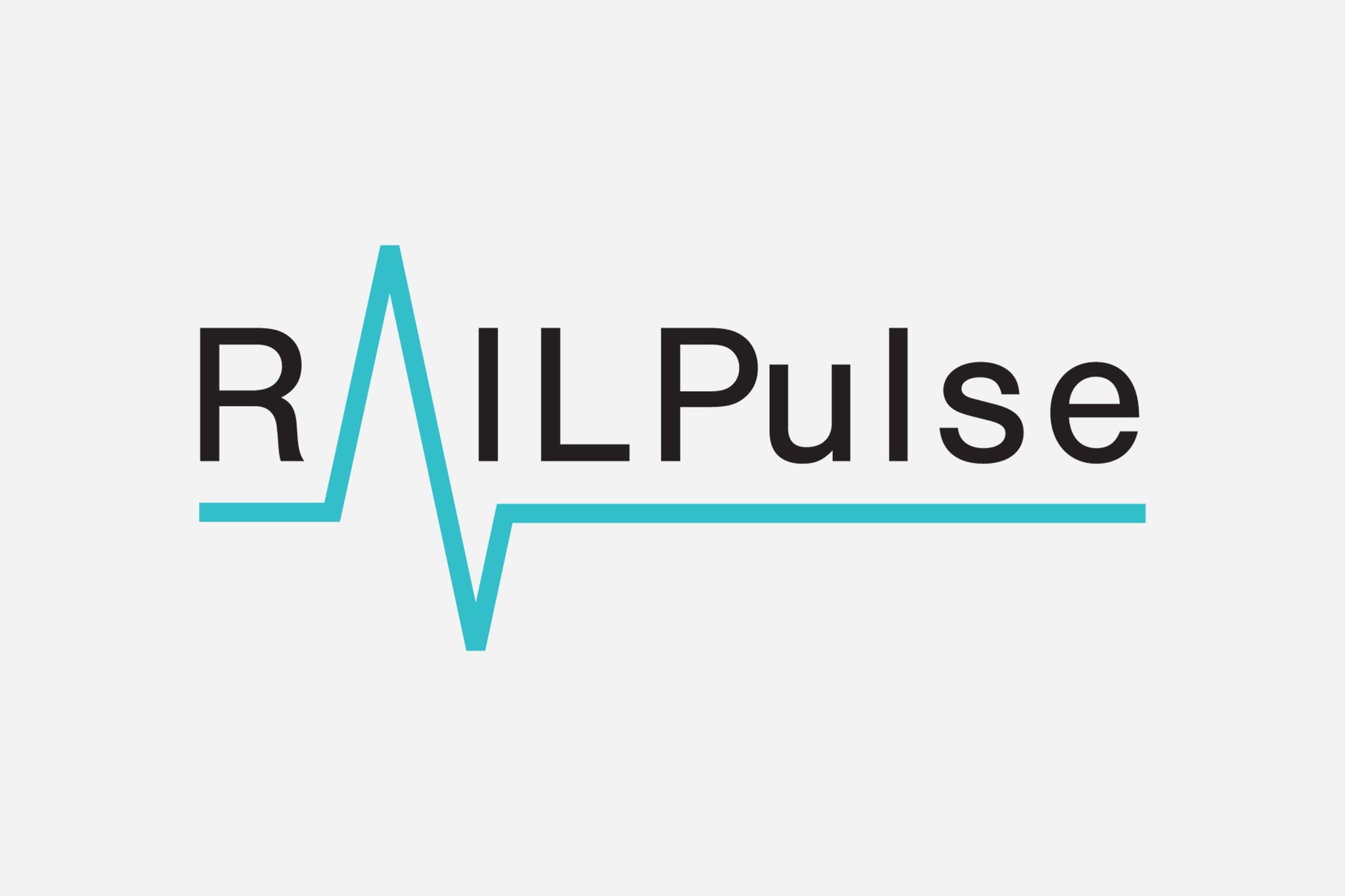 The railpulse logo in black with the A in teal and travelling under the rest of the logo like a heart beat monitor.