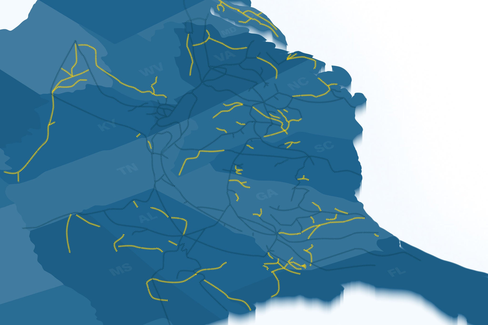 Blue illustrated image of the eastern united states showing shortlines for shipping metals by rail