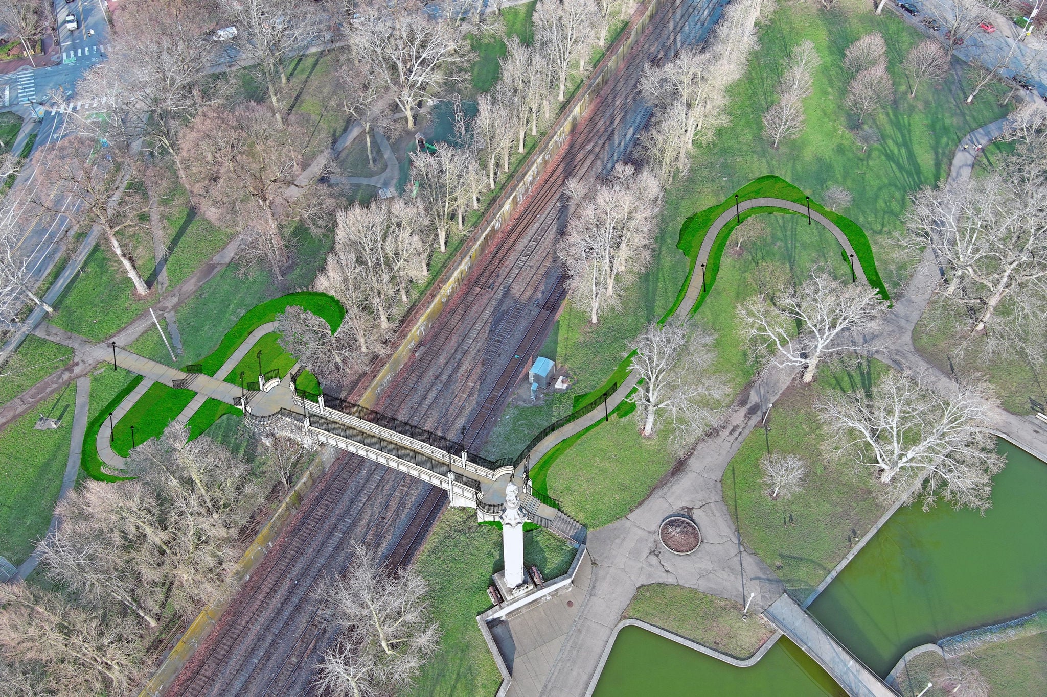 Allegheny Commons Pedestrian Bridge Bird's Eye View rendering