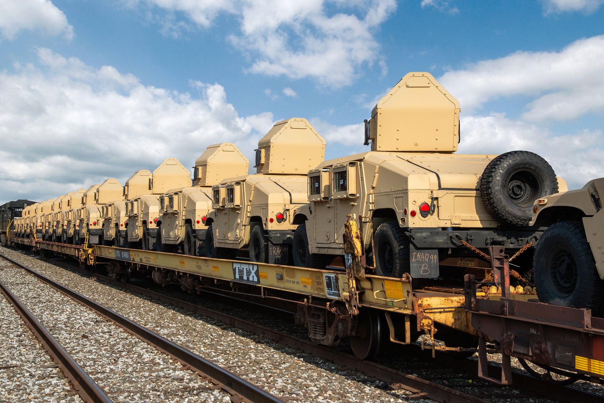Multiple military vehicles on a train car a different way you can find your shipping industry