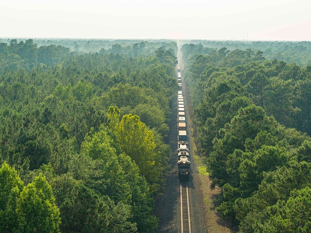 Train travels through forest, flanked by trees on either sideNorfolk Southern named to USA TODAY's America's Climate Leaders 2024 list
