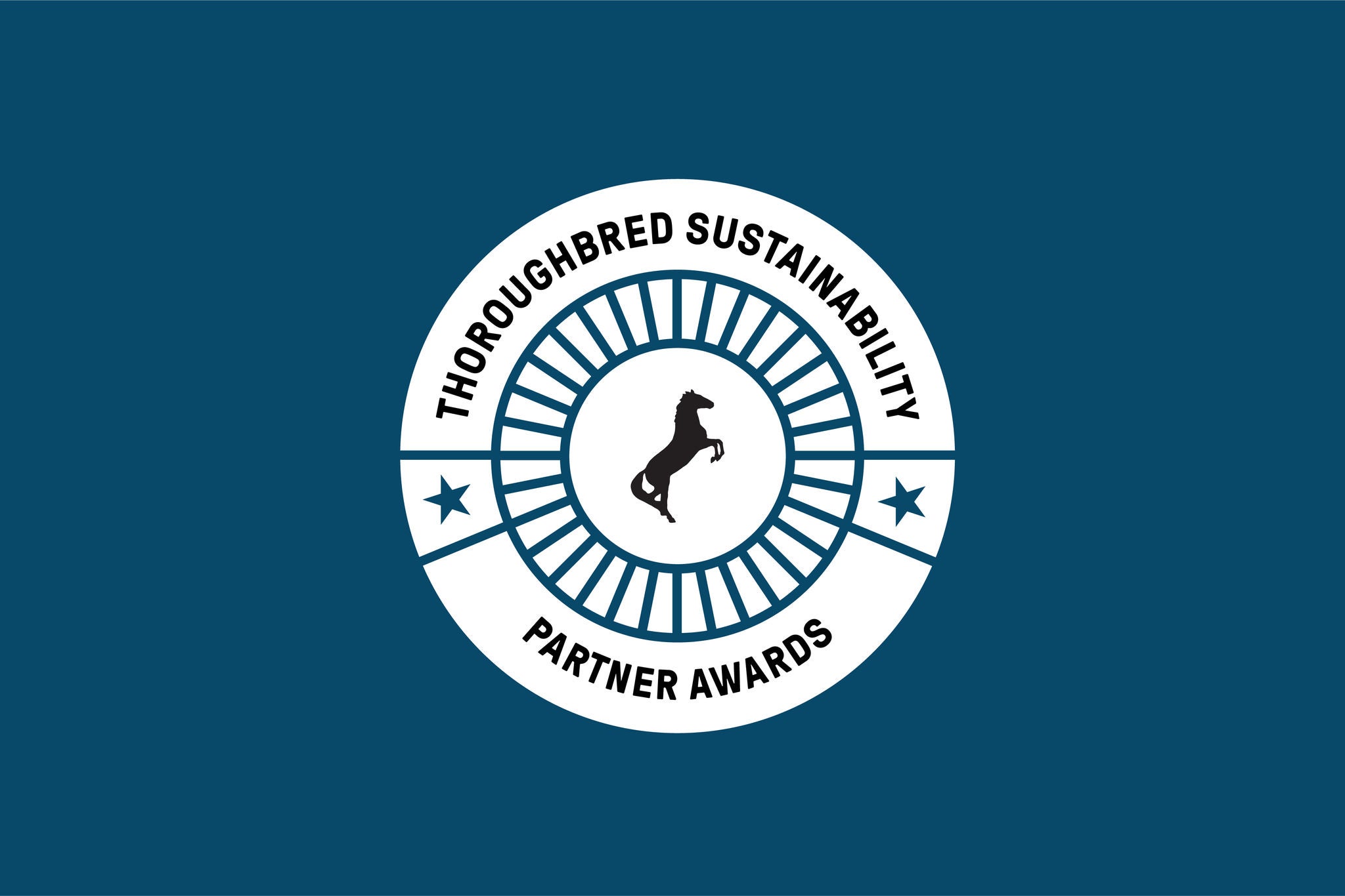 Round image with the text thoroughbred sustainability partner awards with the Norfolk Southern horse in the center on a blue square representing partners who work towards sustainable rail transport