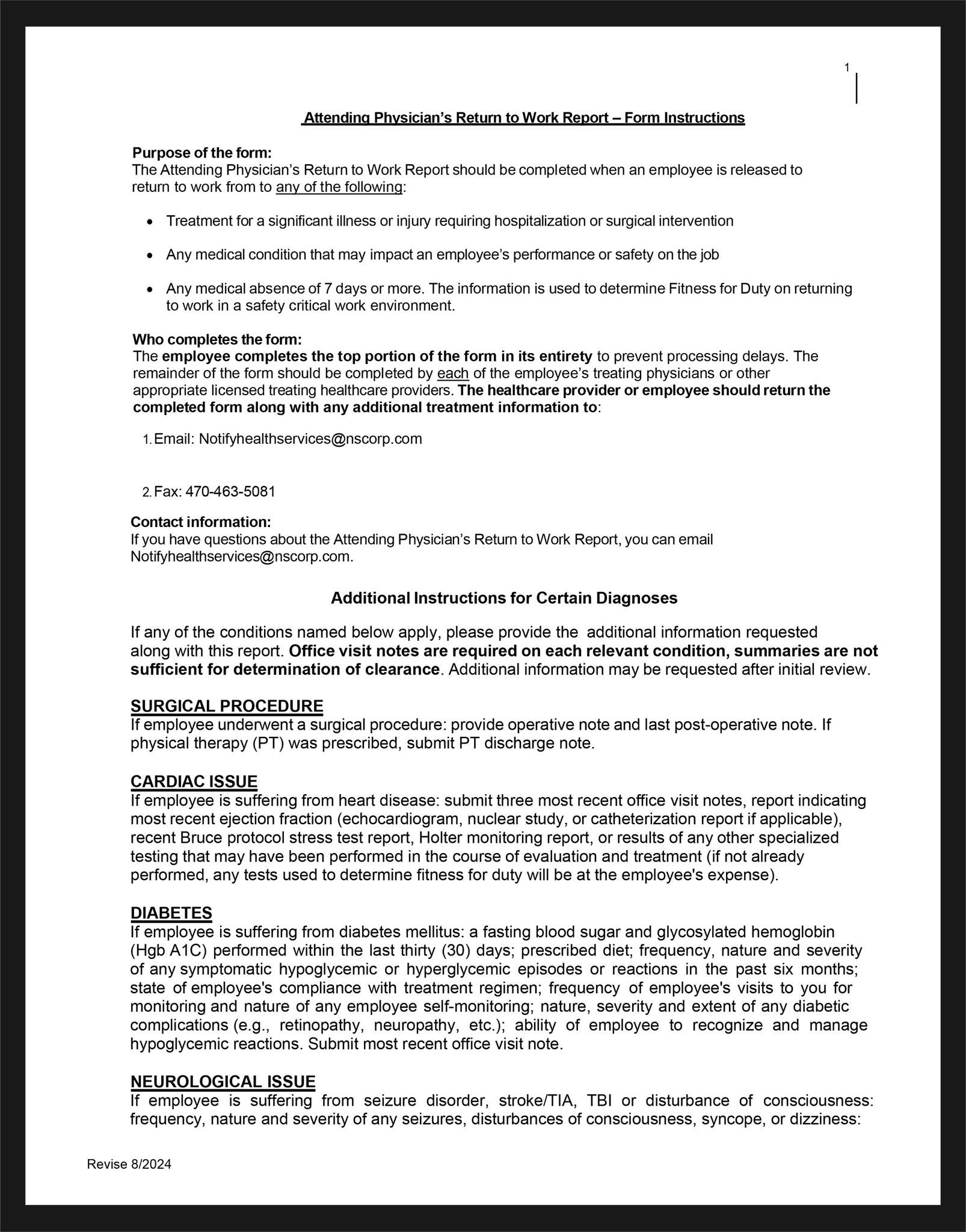 NSHS Return to Work Form