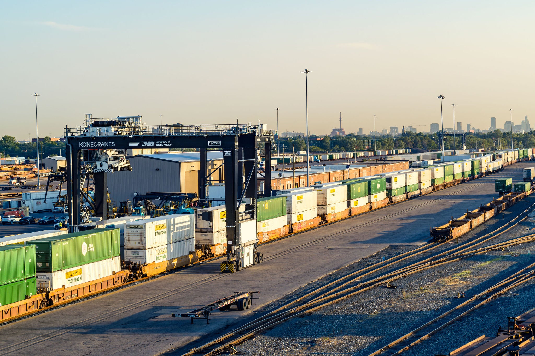 The sun sets on the intermodal shipping containers stationed at Norfolk Southern’s intermodal facility.