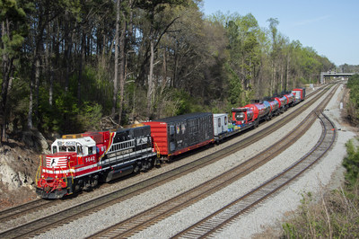Norfolk Southern's safety train consists of a dedicated locomotive, two boxcars converted into classrooms, three tank cars used in transporting chemicals, and two flat cars equipped with intermodal containers and multiple tank car valve arrangements that can simulate leaks. (PRNewsfoto/Norfolk Southern)