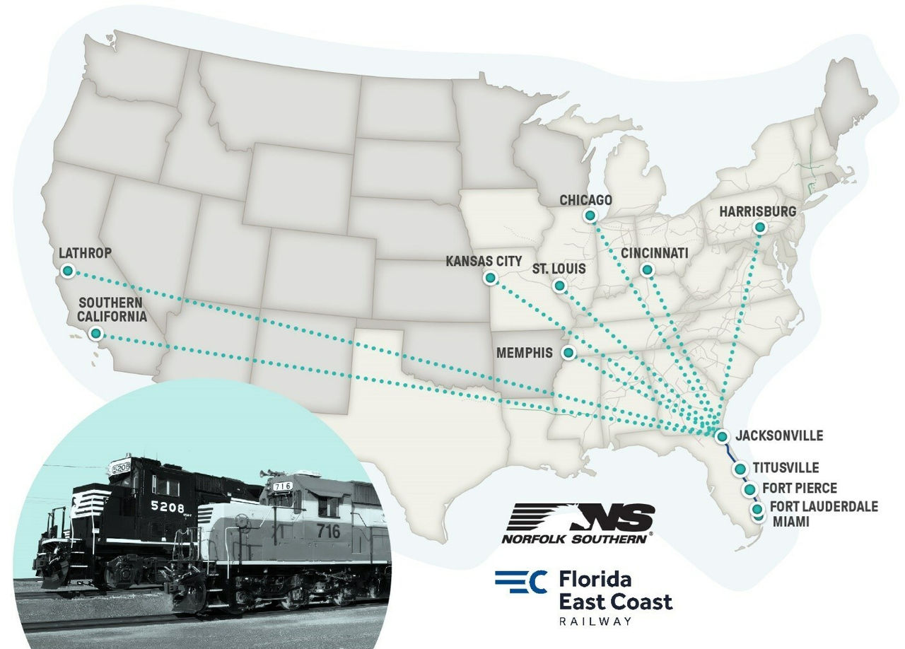 Norfolk Southern FEC Map Map of the comprehensive service offerings, including the newly announced lanes, between Norfolk Southern and FEC.