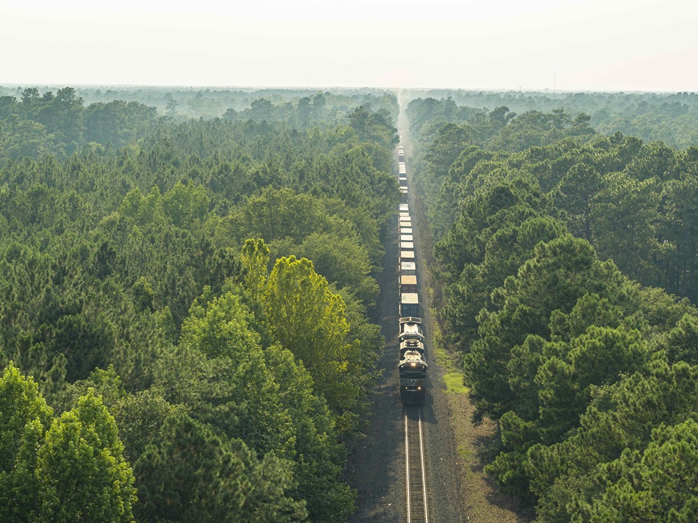 Train travels through forest, flanked by trees on either sideNorfolk Southern named to USA TODAY's America's Climate Leaders 2024 list