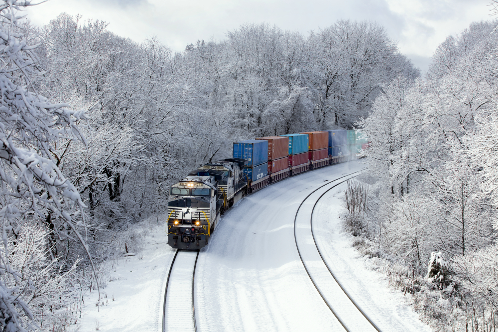 Norfolk Southern double-stack intermodal train in Christiansburg, Virginia