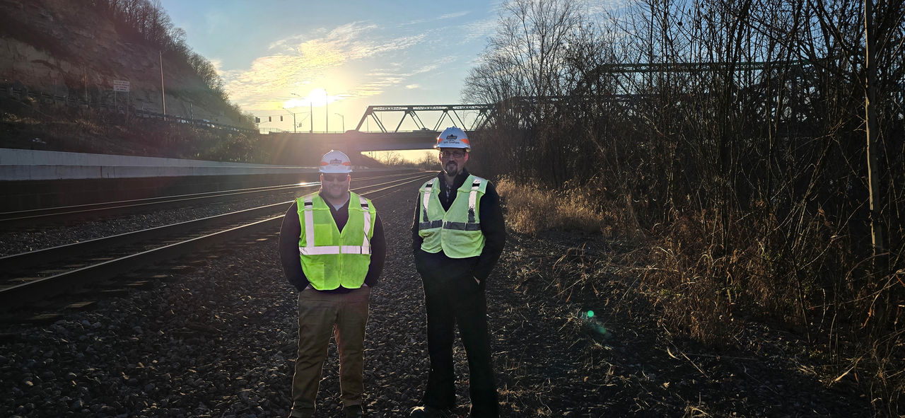 Chase Hobbs (left) and Will Graham (right) of NS’ Geotech team, whose expertise helps ensure the strength, stability, and resilience of our railroad’s infrastructure.