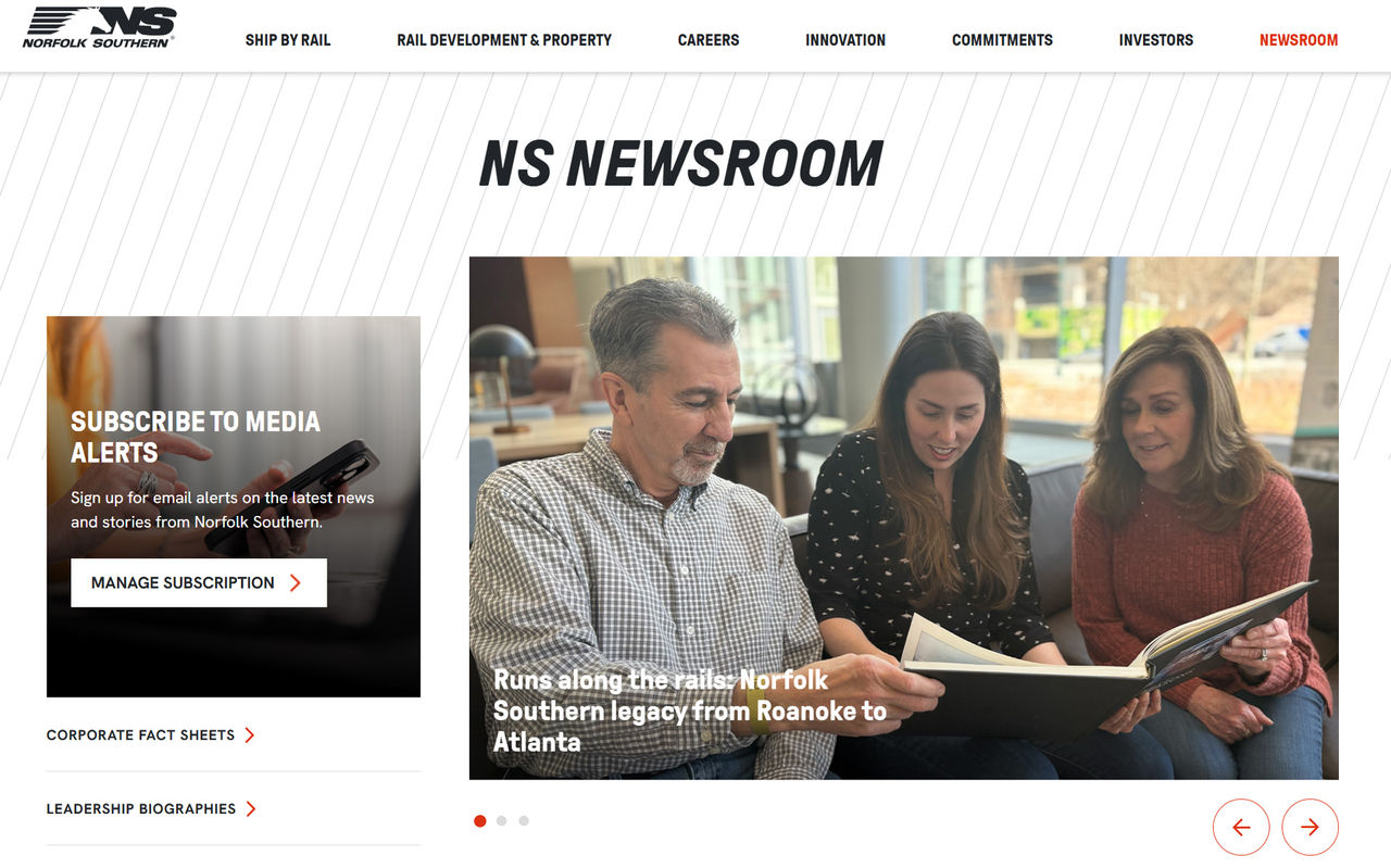image of the Norfolk Southern Newsroom homepage